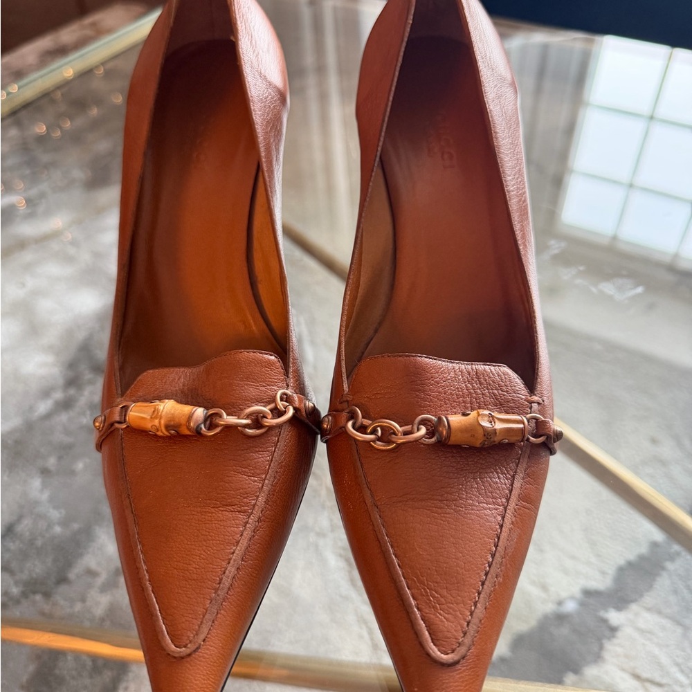 Vintage Gucci Bamboo Horsebit Pointed Cognac Brown Leather Pump Heels 10 40 NWT